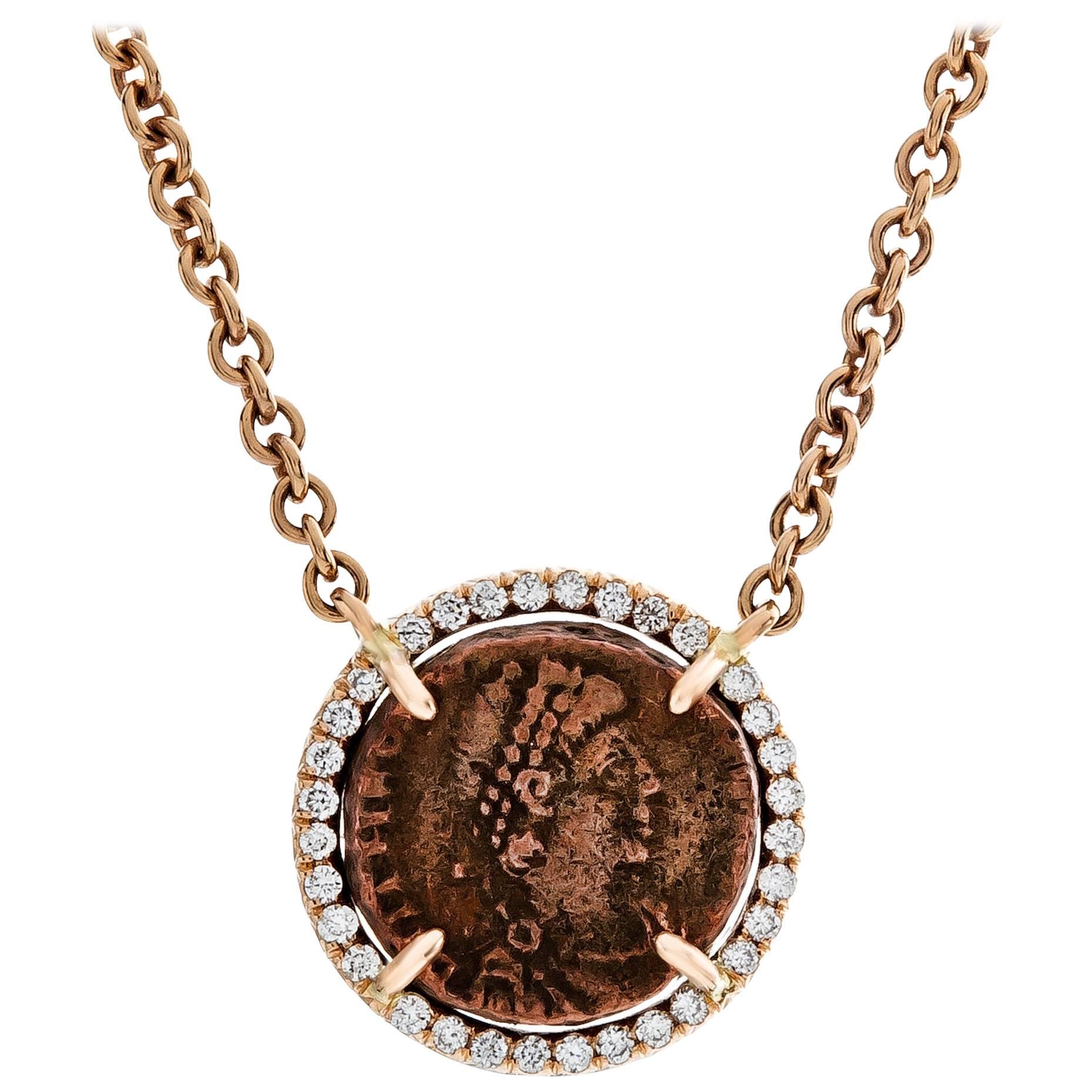 1884 Collection Ancient Roman Coin Rose Gold and Diamond Pendant Chain Necklace