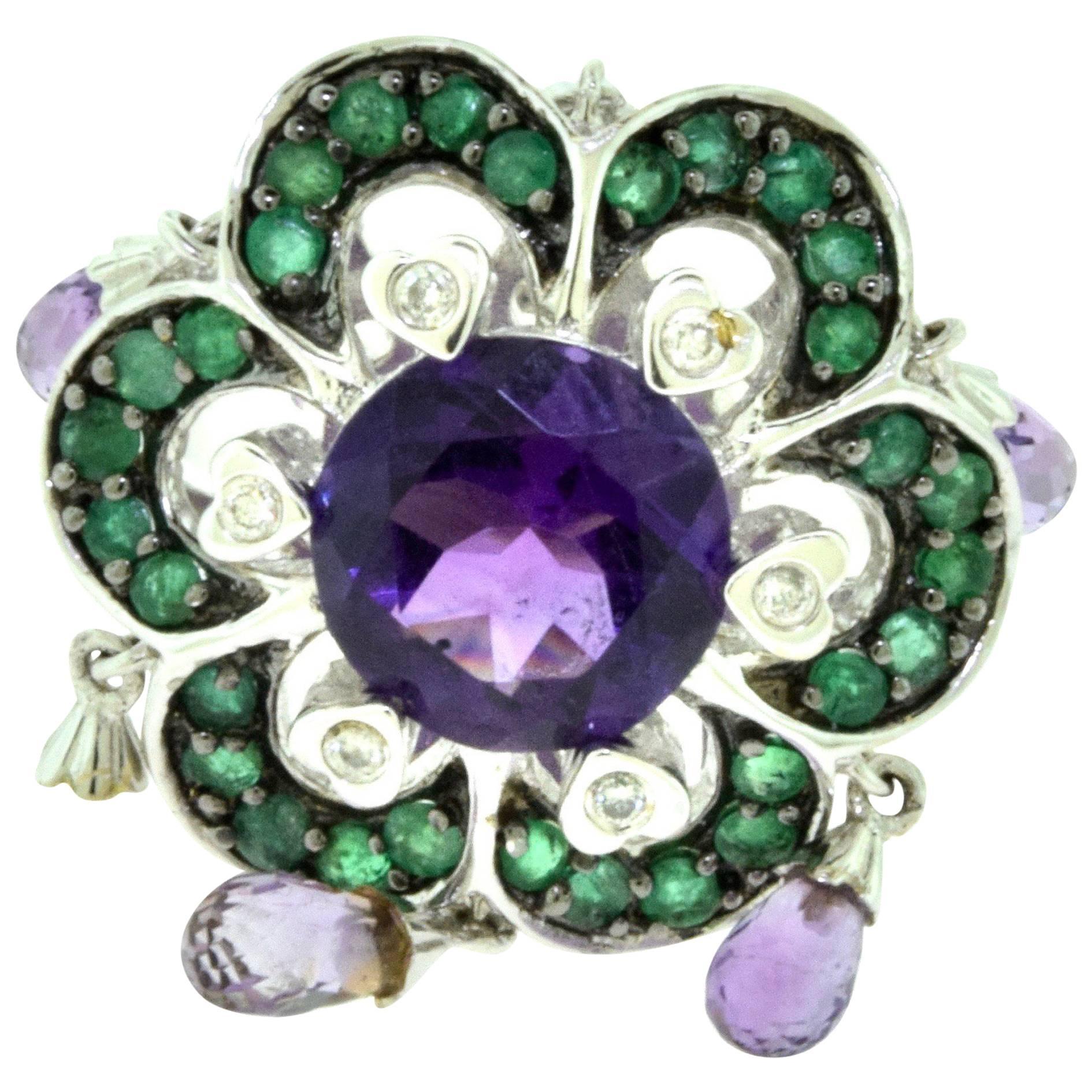 Amethyst, Emerald and Diamond Jingle Dangle Ring in 18 Karat White Gold For Sale