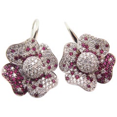 Exquisite Valente "Eden" Diamond Ruby Moveable Flower White Gold Earrings