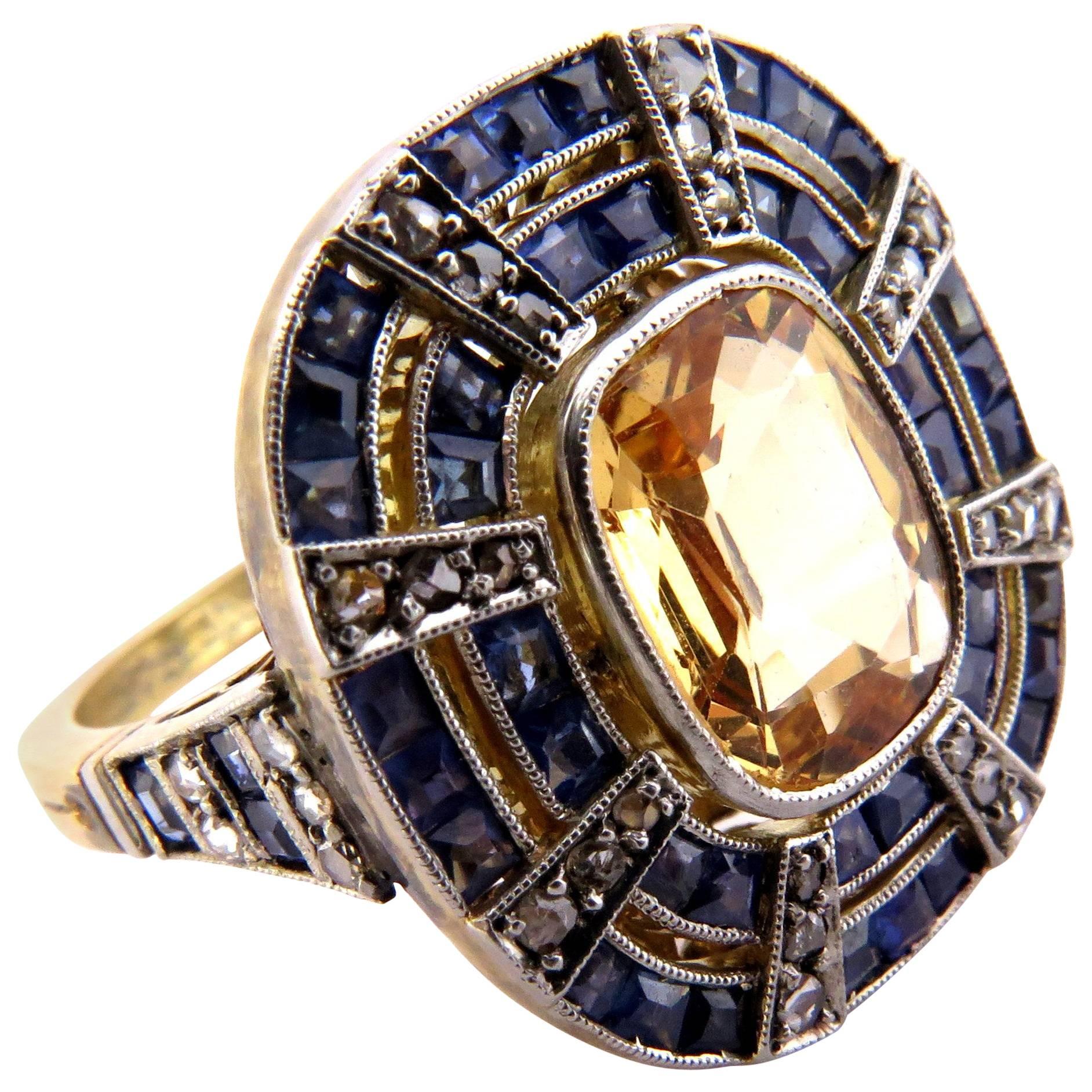 Fantastic Art Deco Blue and Yellow Sapphire Diamond Platinum and Gold Ring