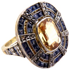Fantastic Art Deco Blue and Yellow Sapphire Diamond Platinum and Gold Ring 11