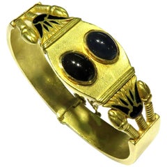 Vintage Unique Enamel Onyx Egyptian Motif Signed Yellow Gold Hinged Bangle Bracelet