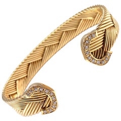 Cartier Vintage Double C Diamond Basket Weave Cuff Yellow Gold Bracelet