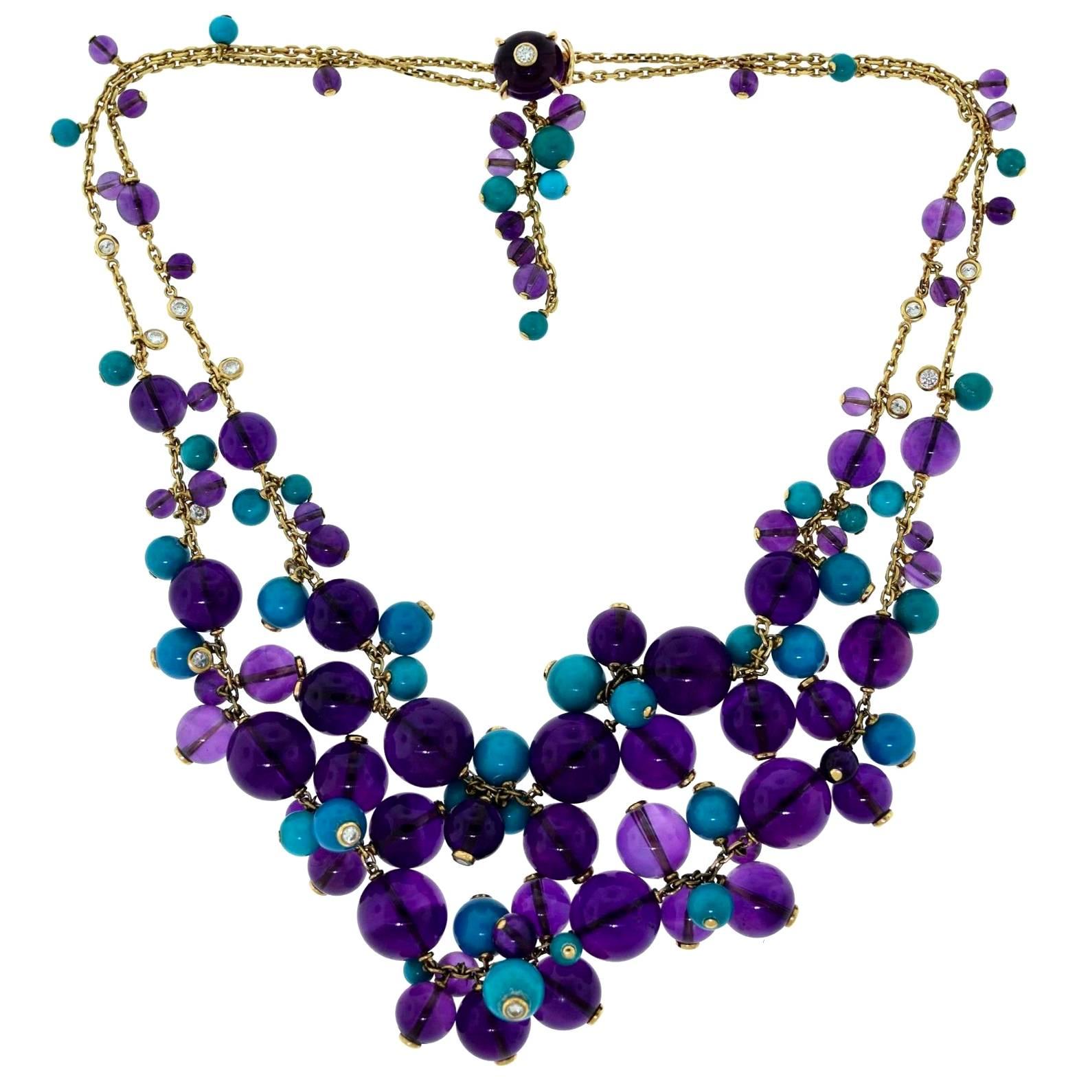 Cartier Delices de Goa Amethyst Turquoise Diamond Yellow Gold Bead Necklace For Sale