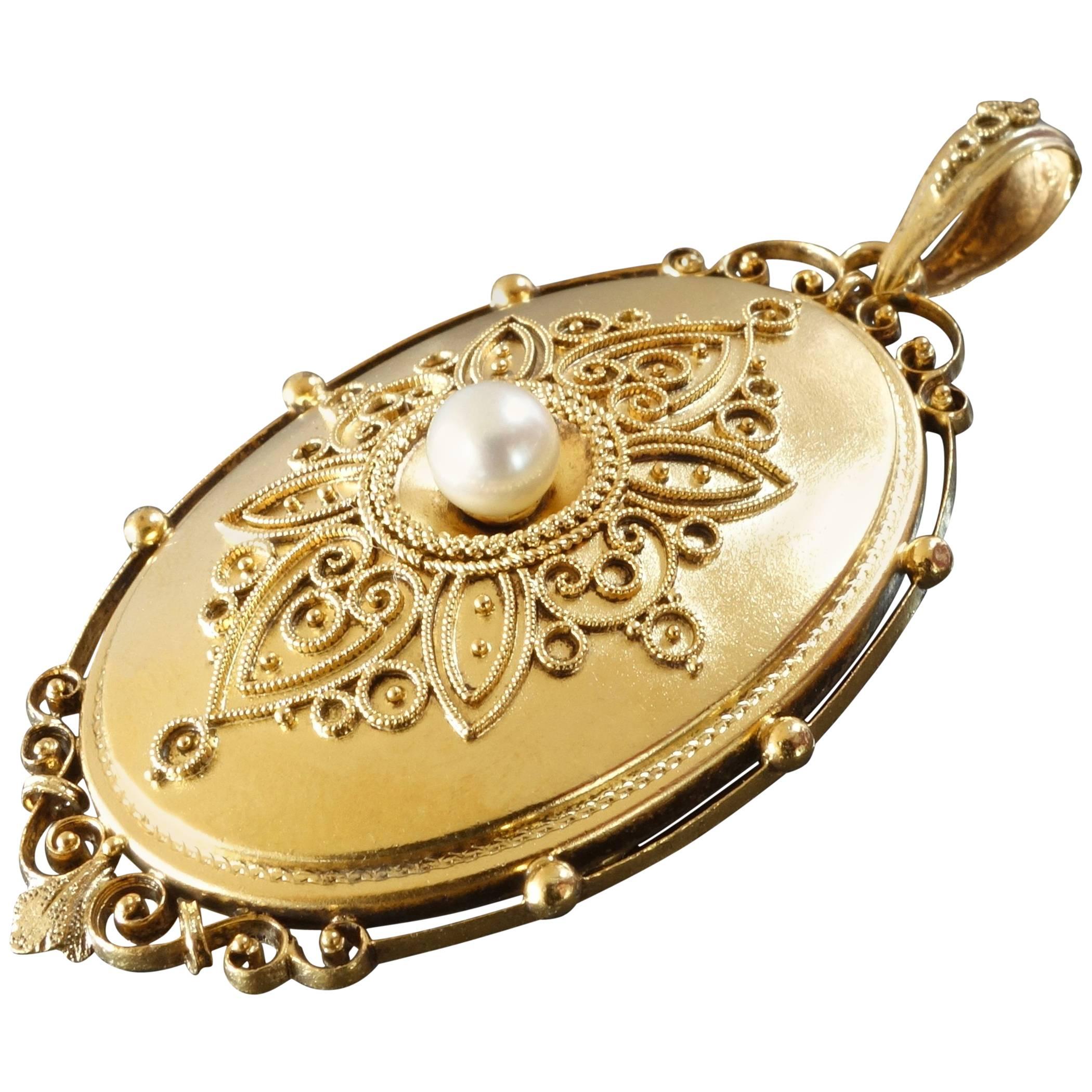 Large Antique Victorian Filigree Design Pearl Gold Locket For Sale