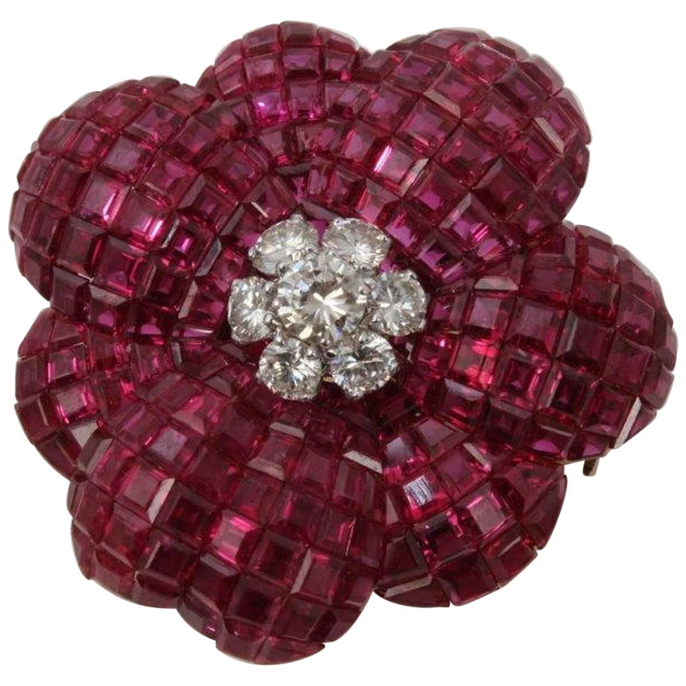 Sabbadini Ruby and Diamond Flower Brooch