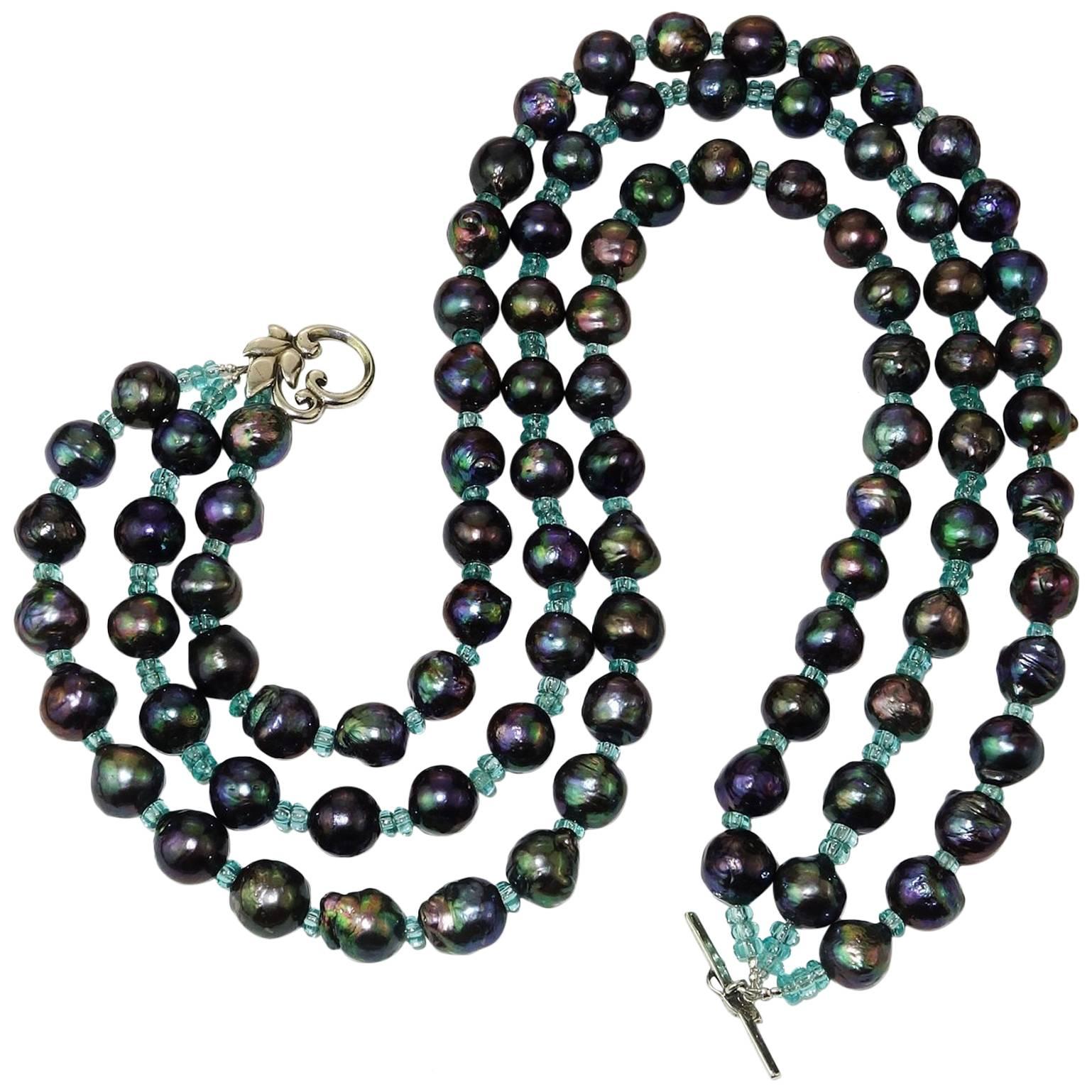 Gemjunky Triple Strand Blue/Green Pearls with Apatite Necklace