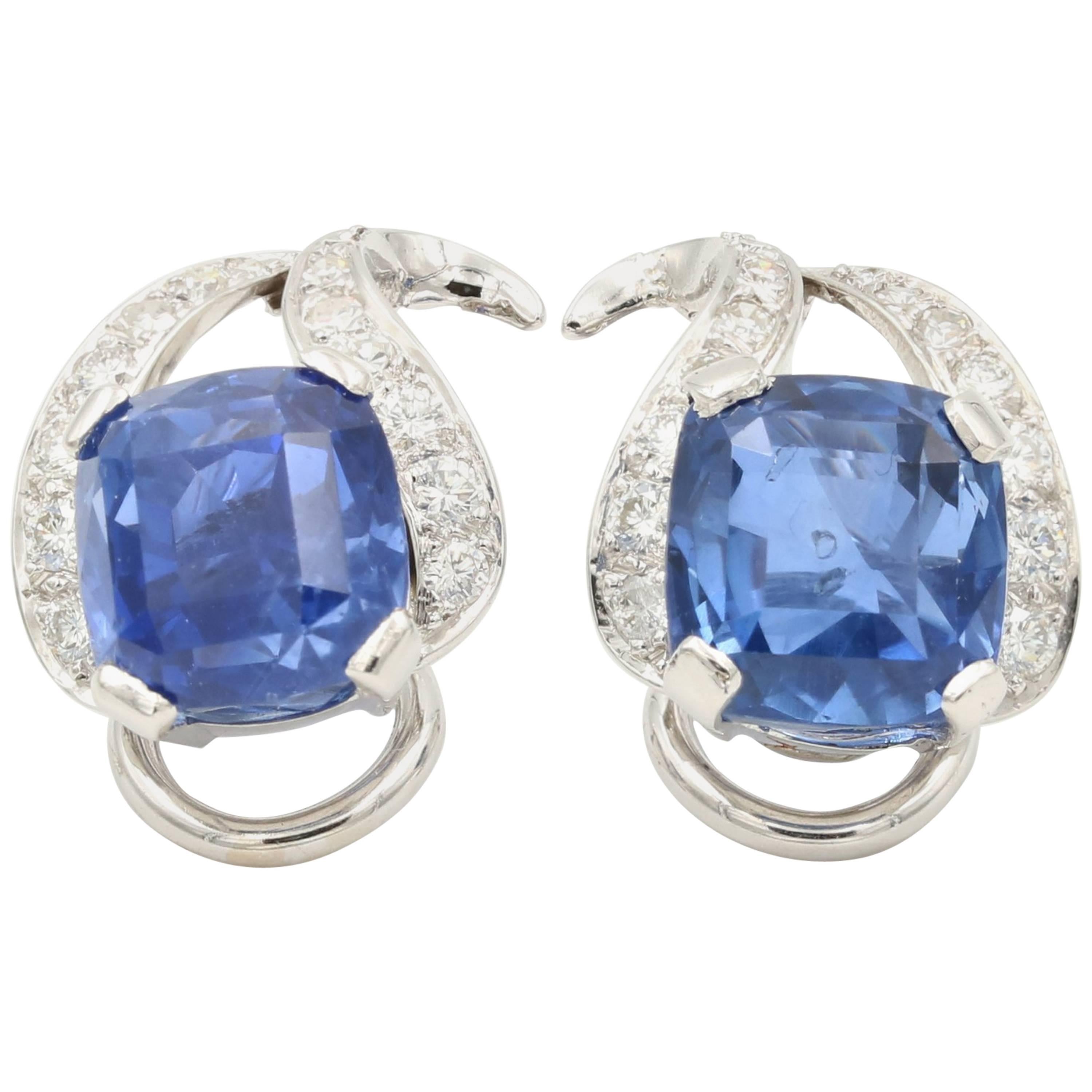 Vintage Unheated Ceylon Sapphires and Diamond Earrings For Sale