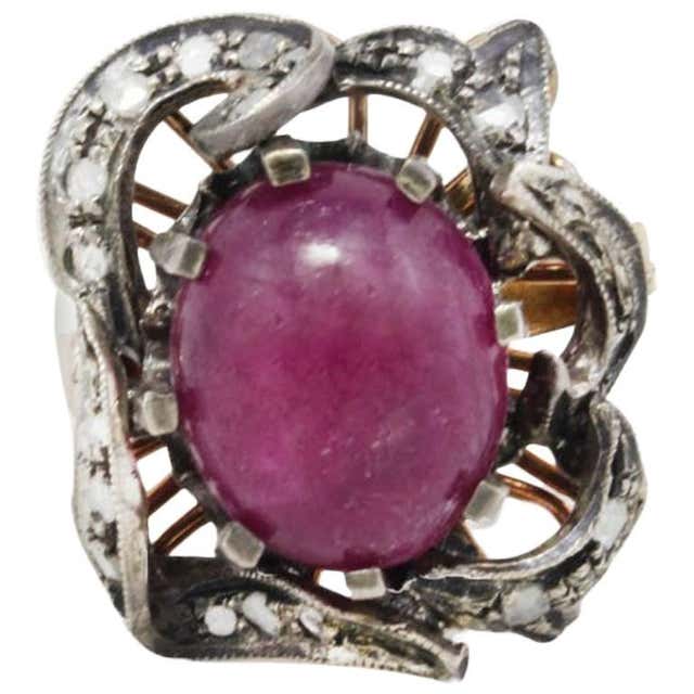 8.40 ct Ruby, 0.22 ct Diamonds Rose Gold and Silver Fashion Retrò Ring ...