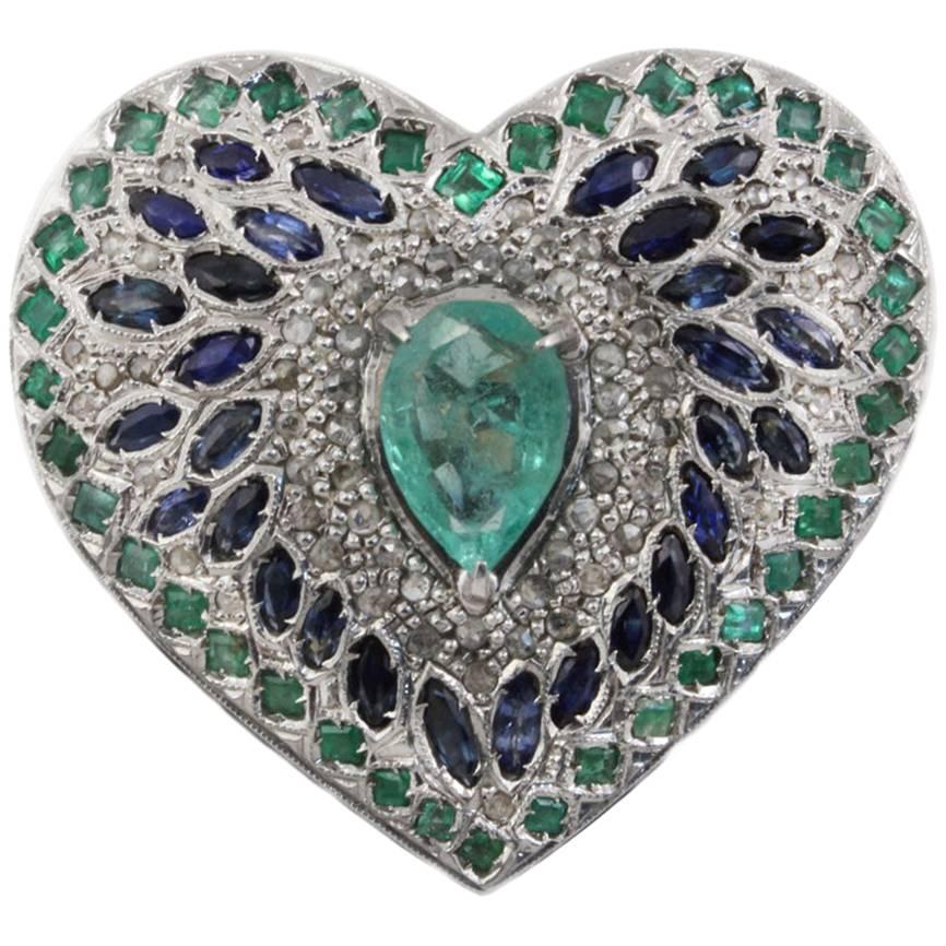 Luise Blue Sapphire, Emerald and Diamond Hart Ring For Sale