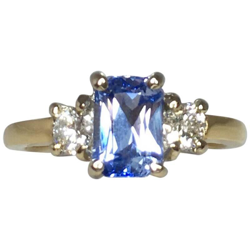 Ceylon 1.56ct Blue Sapphire Emerald Cut Diamond Three-Stone Ring