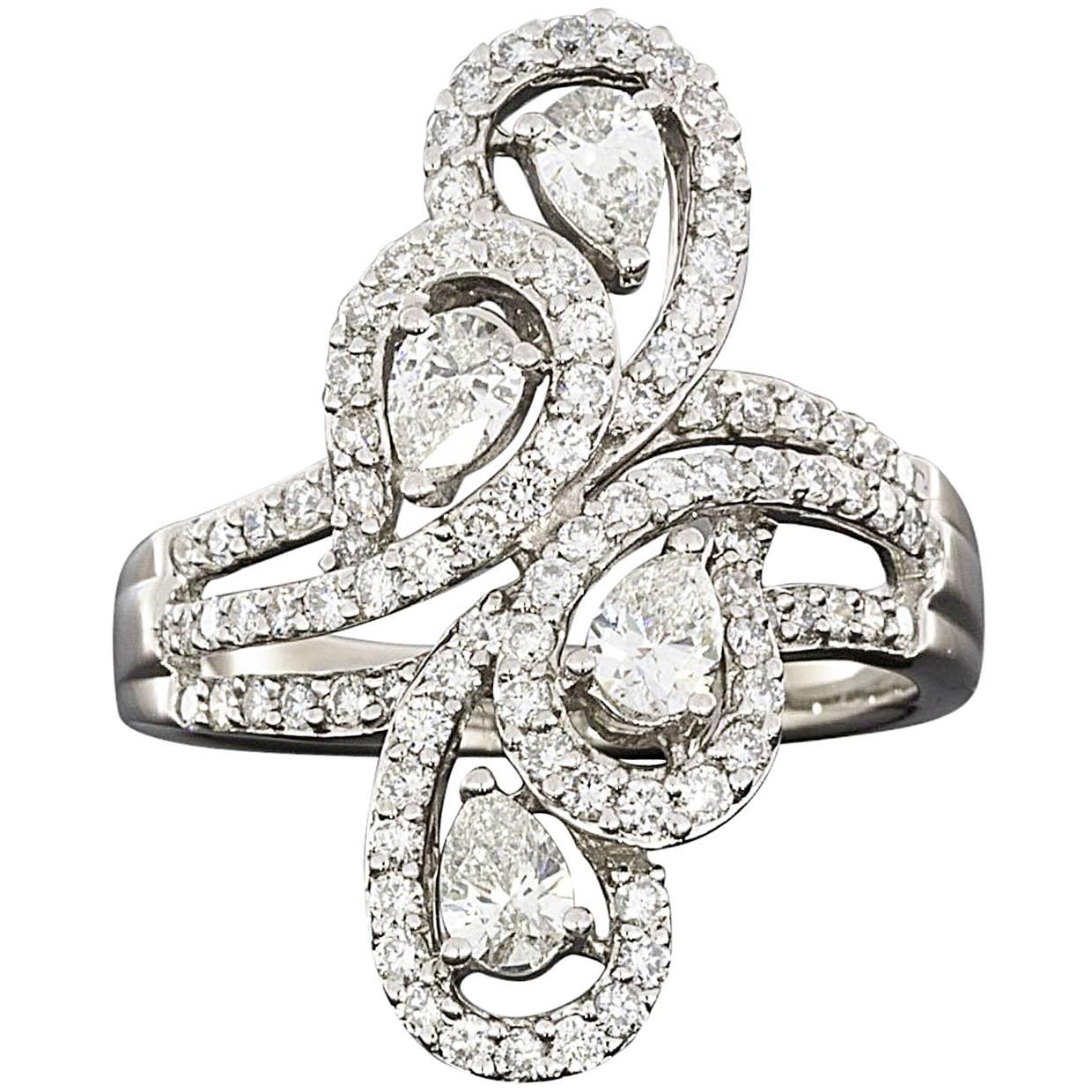 Pear and Round Diamond Paisley Shapes White Gold Fashion Ring