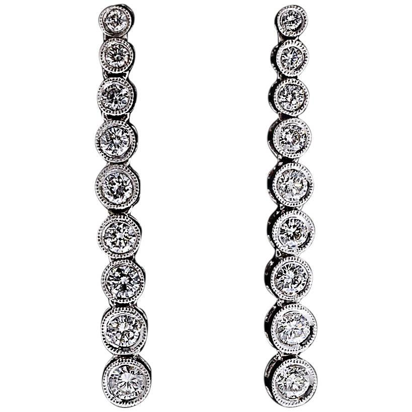 1.15 Carat Round Diamond Dangle Drop Line White Gold Earrings