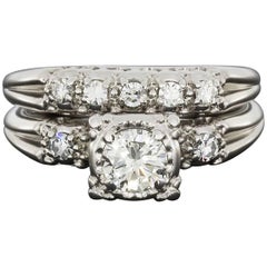 Vintage Round Diamond White Gold Engagement Ring and Wedding Band Set