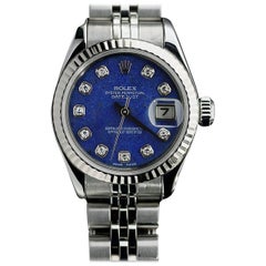Rolex Ladies White Gold Stainless Steel Blue Diamond Dial Datejust Wristwatch