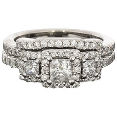 Princess Cut Diamond Three-Stone Halo Engagement Ring Wedding Band Set