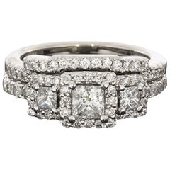 Princess Cut Diamond Three-Stone Halo Engagement Ring Wedding Band Set 2