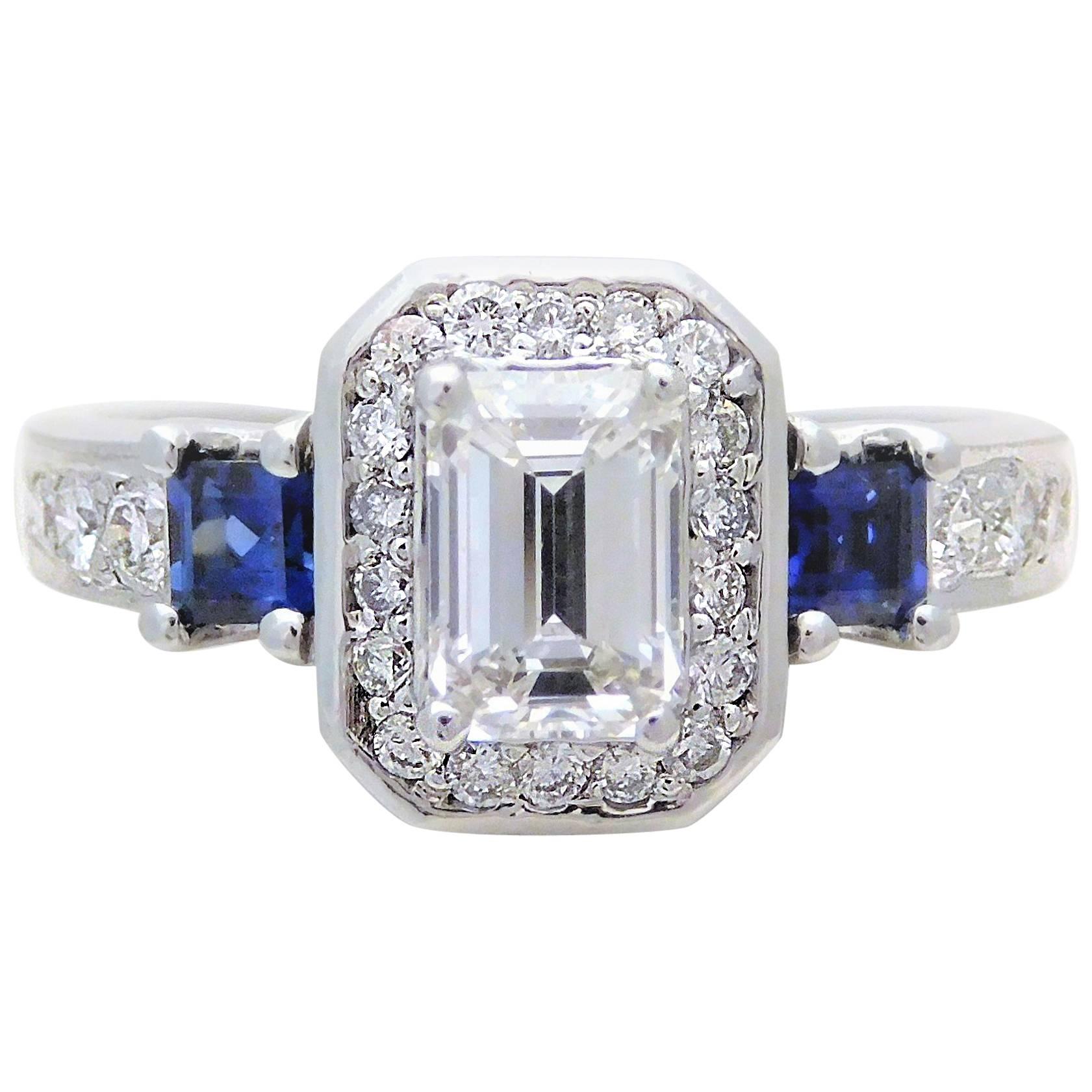 GIA Certified 14 Karat Emerald-Cut Diamond and Ceylon Sapphire Engagement Ring For Sale