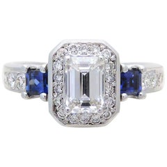 Vintage GIA Certified 14 Karat Emerald-Cut Diamond and Ceylon Sapphire Engagement Ring