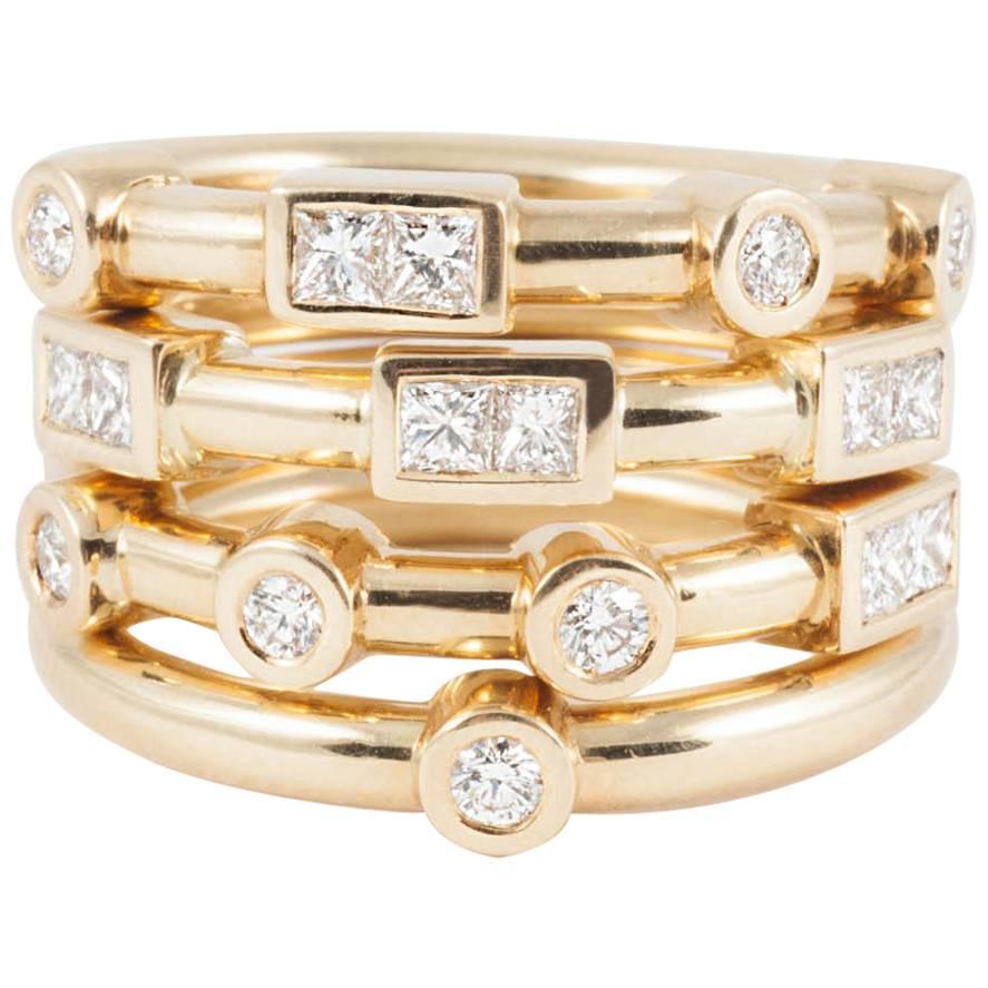 18K Yellow Gold "LOVE" Stacking Rings with Premium Cut F Color Diamond For Sale