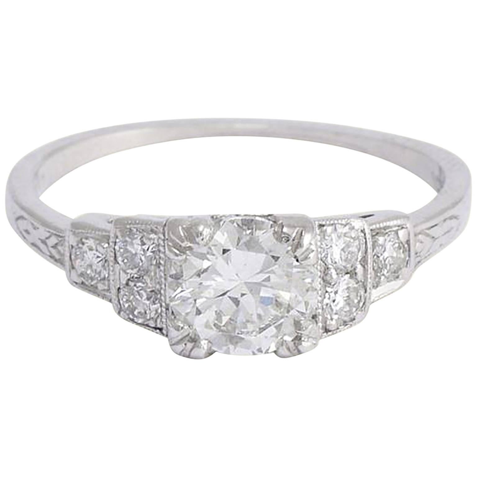 Deco Platinum .72 Carat Diamond Engagement Ring with Ziggurat Shoulders