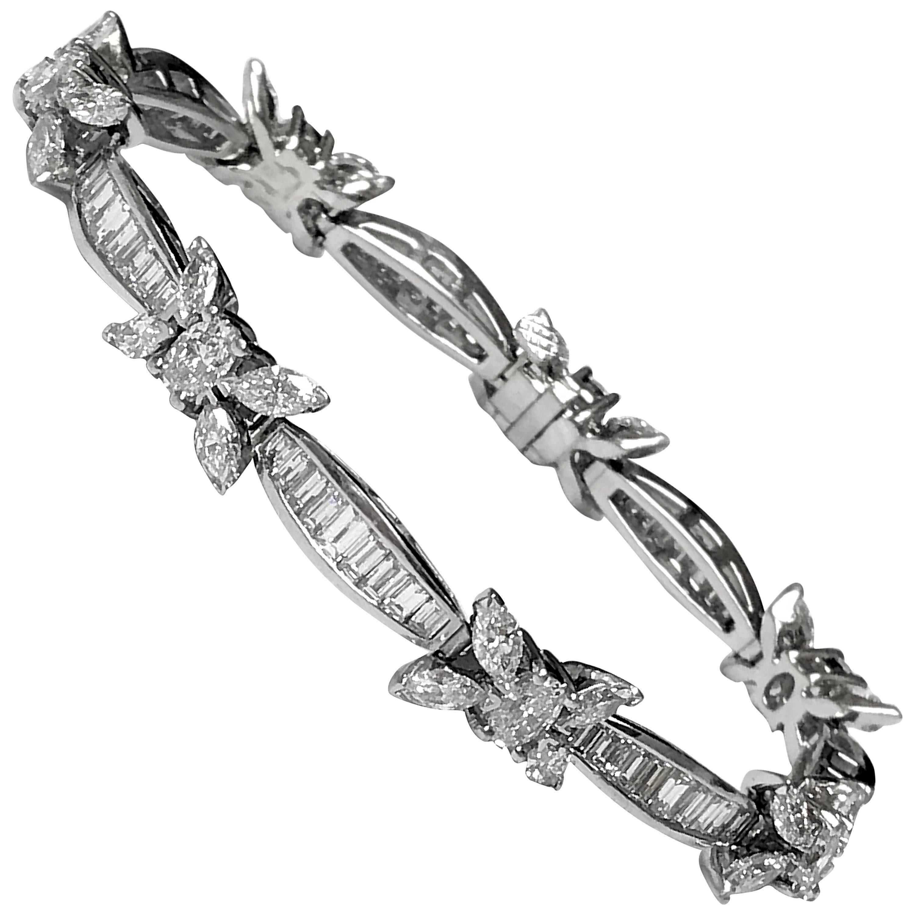 Elegant Platinum Diamond Bracelet, Marquis, Oval and Baguette over 12 Carat