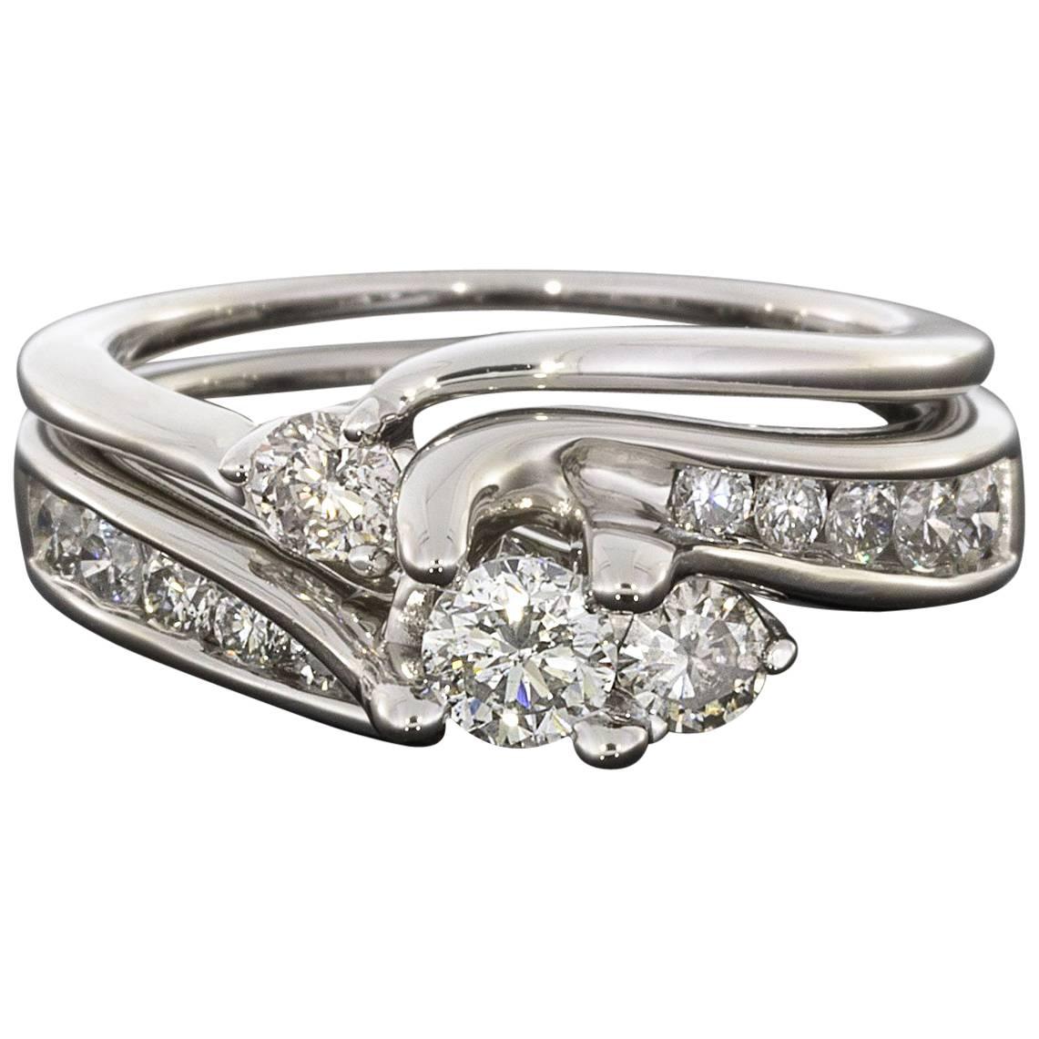 Round Diamond Bypass White Gold Engagement Ring Wedding Band Set