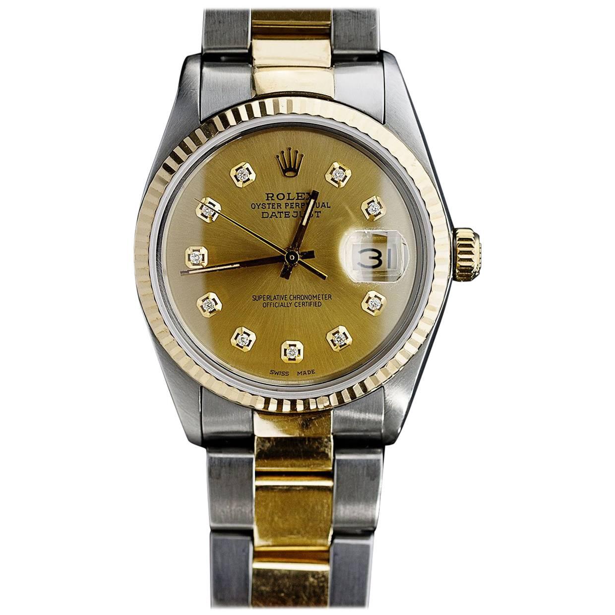 Rolex Yellow Gold Stainless Steel Diamond Datejust Oyster Bracelet Wristwatch