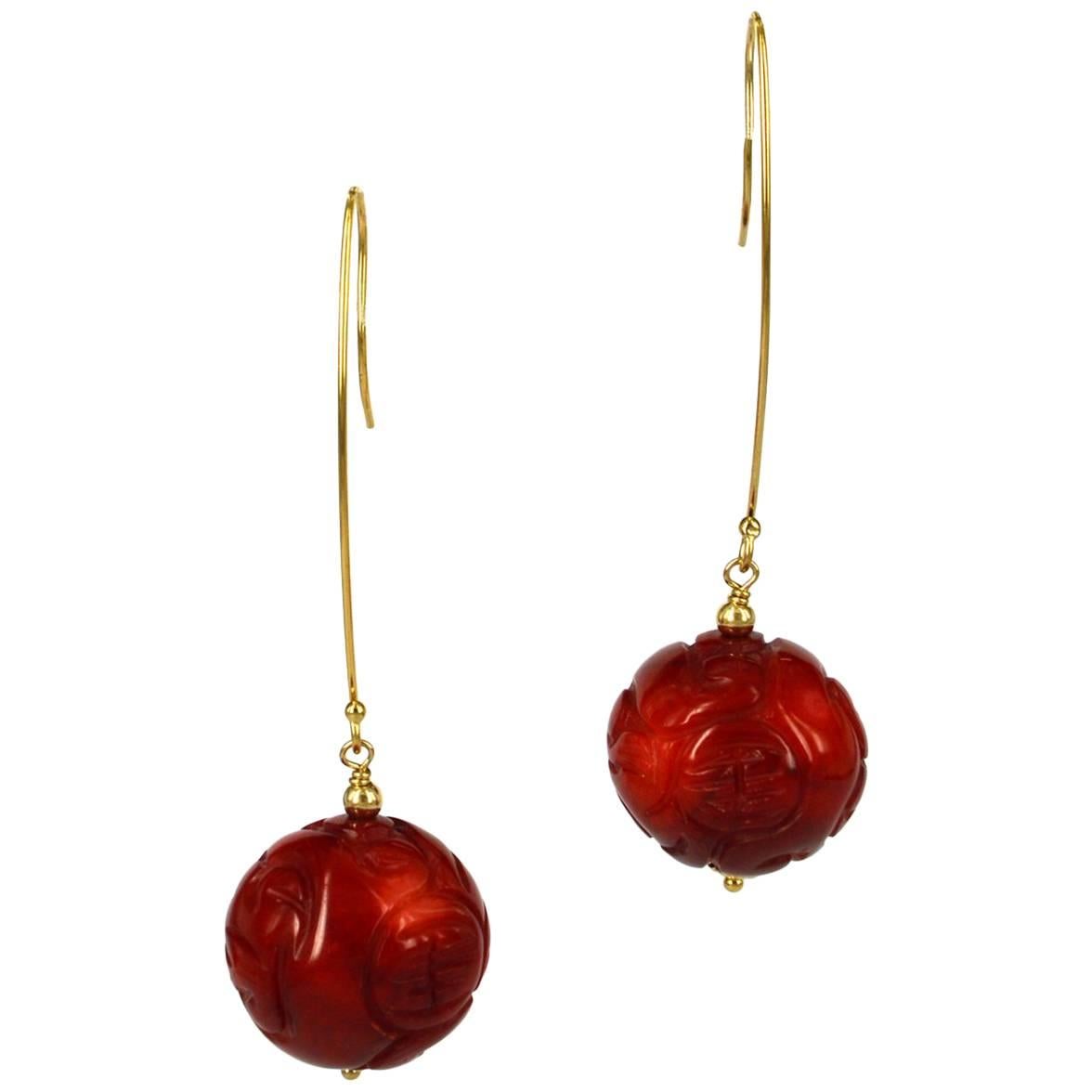 Decadent Jewels Carved Red Coral Gold Earrings