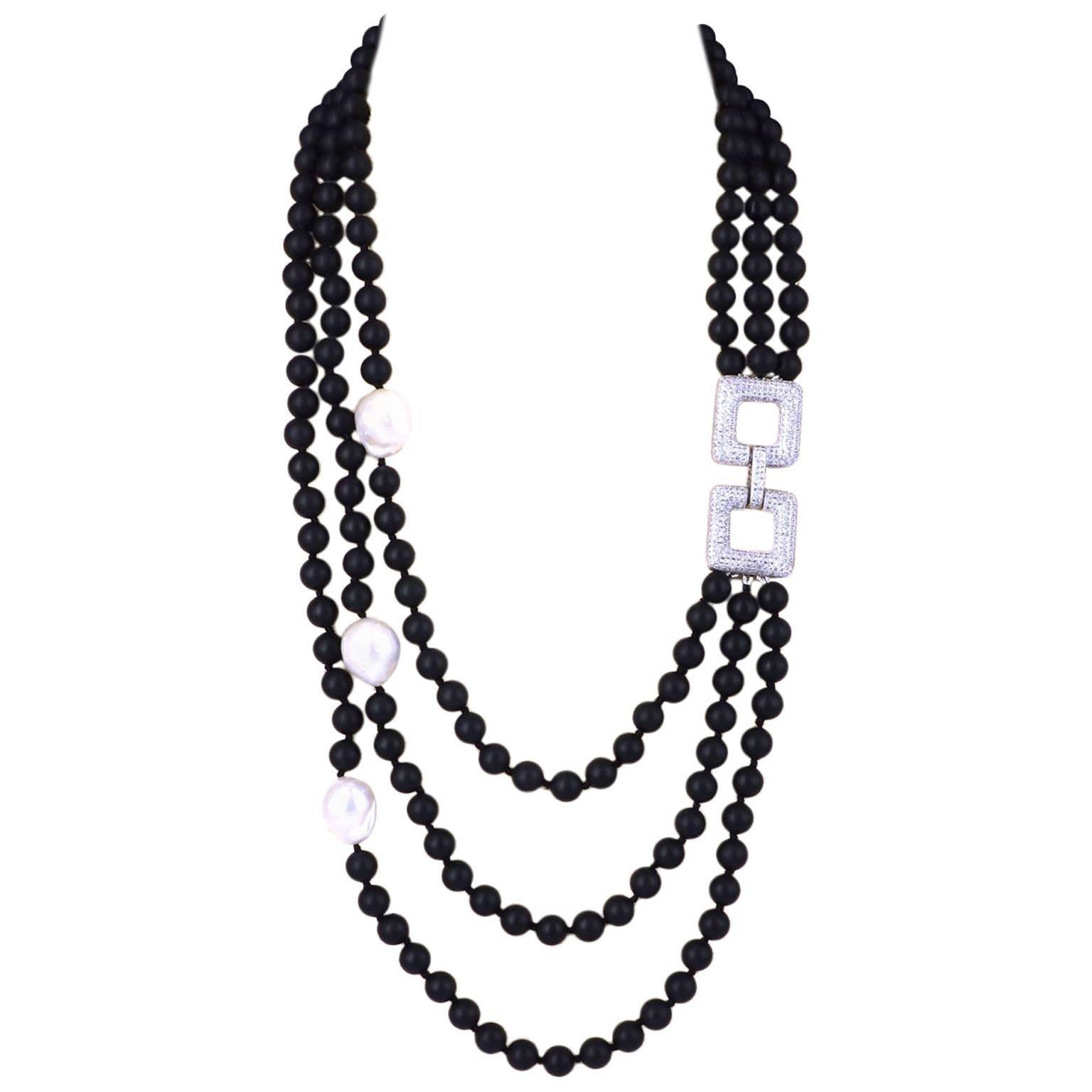 Decadent Jewels Multi Strand Matt Onyx Pearl Silver Necklace