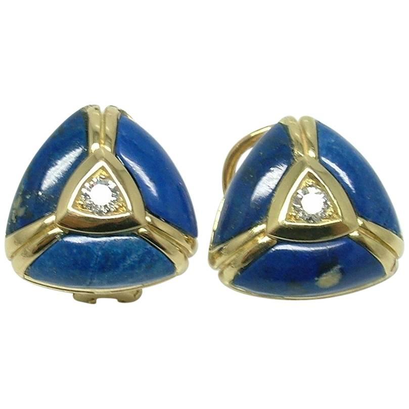 Pair of 18 Karat Yellow Gold Diamond and Lapis Lazuli Every Day Earrings For Sale