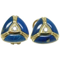 Pair of 18 Karat Yellow Gold Diamond and Lapis Lazuli Every Day Earrings