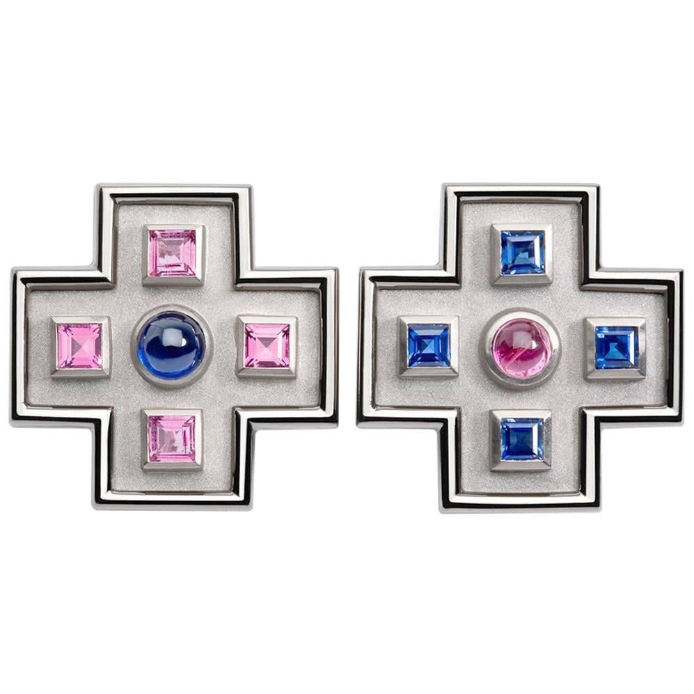 Sapphires and Rubellite White Gold Stud Earrings