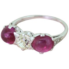 Retro Art Deco Old Cut Diamond and Cabochon Ruby Trilogy Ring