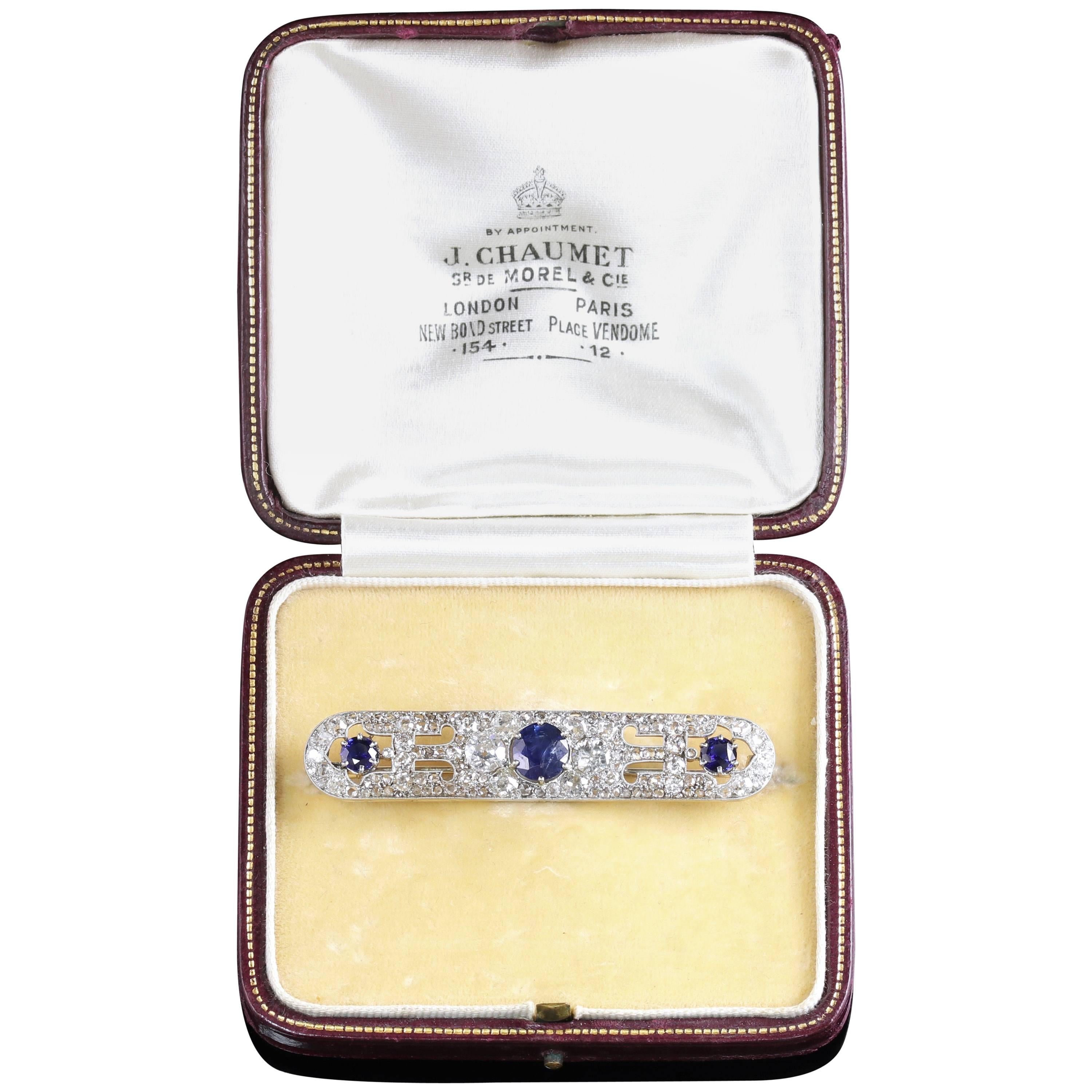 Edwardian French Sapphire Diamond Brooch Platinum J.Chaumet For Sale