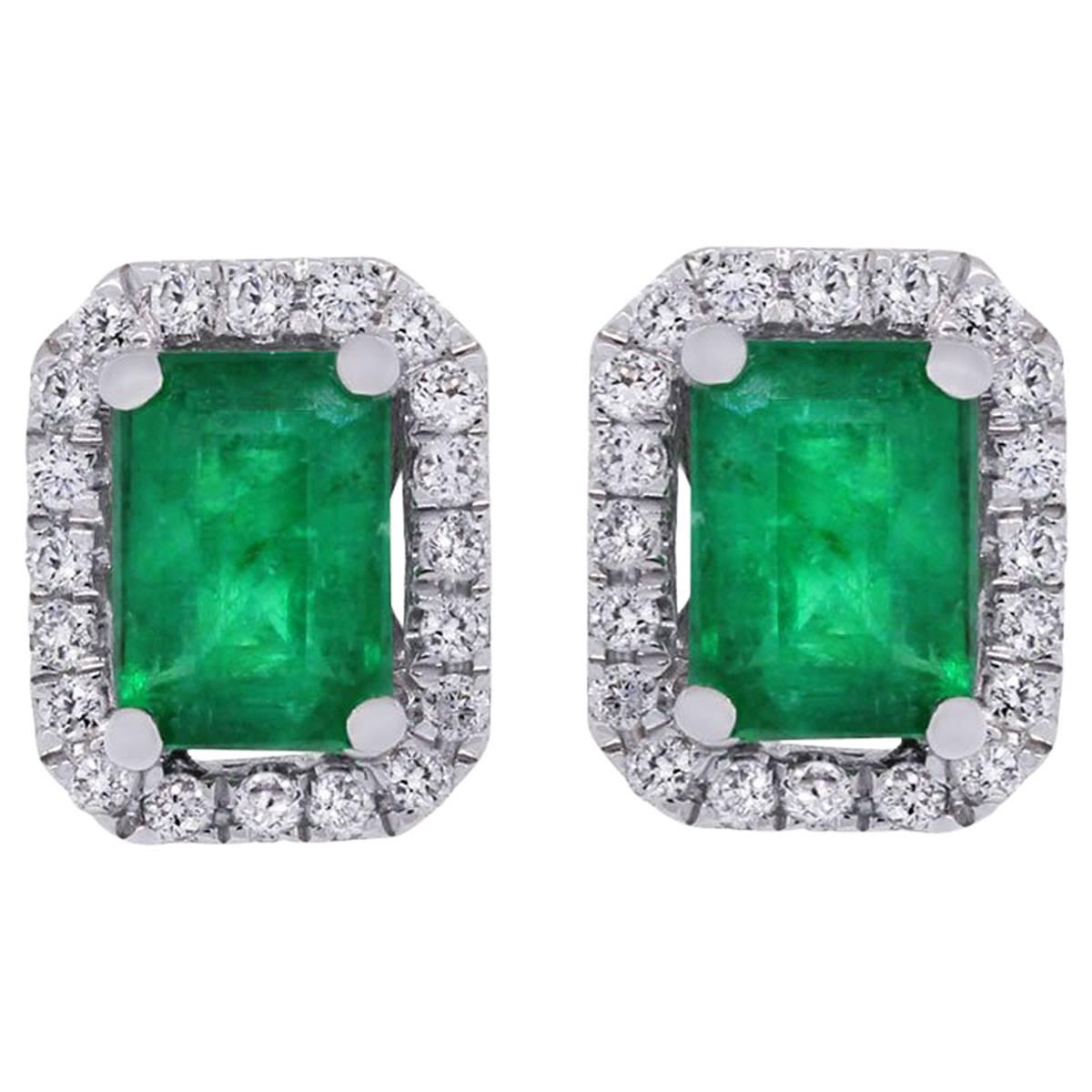 Emerald Cut Emerald and Diamond Halo Stud Earrings