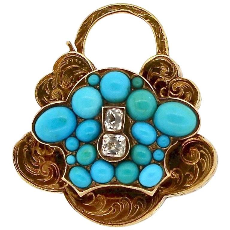 Antique Victorian Turquoise Diamond  Gold Padlock Pendant