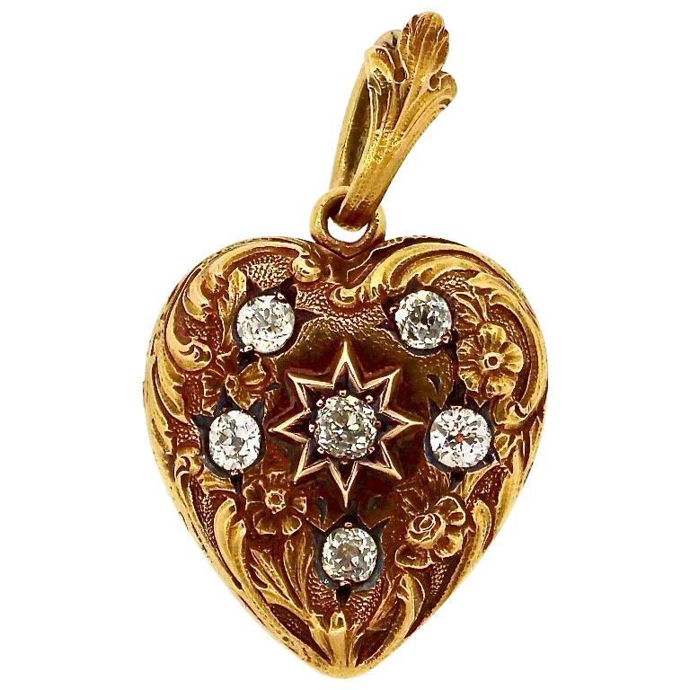 Art Nouveau Gold Diamond Engraved Heart Locket Pendant