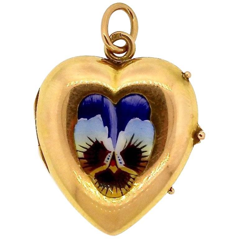 Mid-Century Enamel Pansy Gold Heart Locket