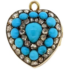 Antique Victorian Rose Cut Diamond Enamel Turquoise Heart Pendant 5