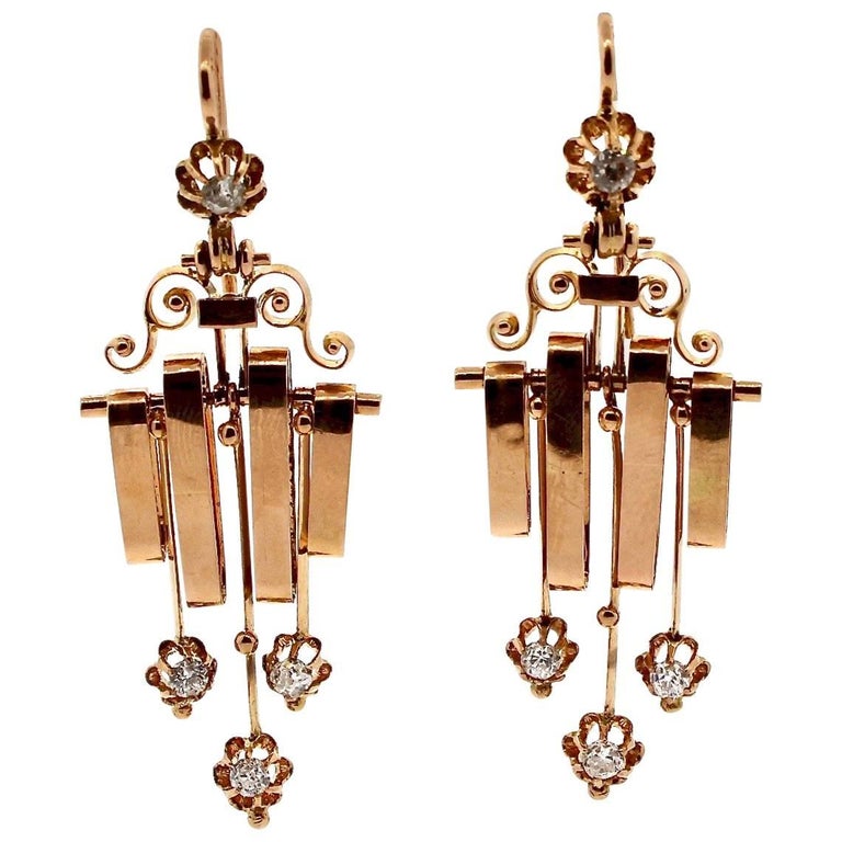 Late Victorian French Rose Gold Diamond Dangling Earrings For Sale