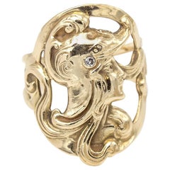 Vintage Art Nouveau Style War Goddess Ring in Yellow Gold with Diamond