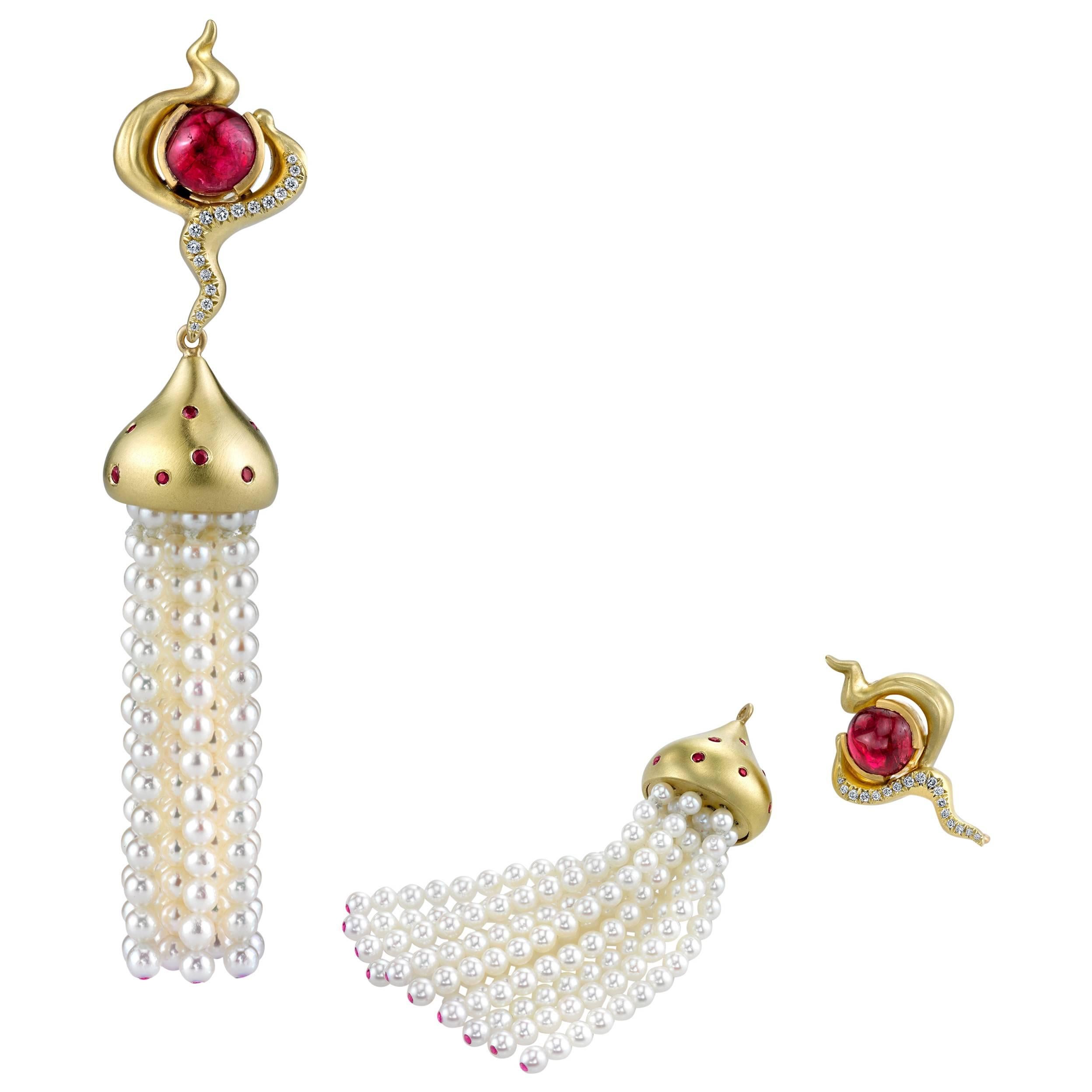Japanese Akoya Pearls Ruby Diamond Lever Back Drop Gold Earrings