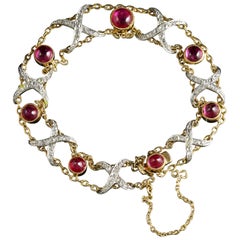 French Victorian Ruby Diamond Celtic Bracelet 18 Carat Gold