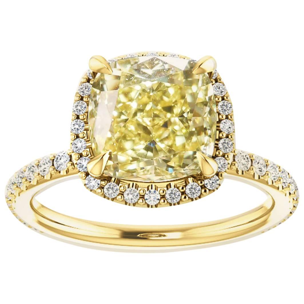 Hugo & Haan Gold GIA Certified Cushion Yellow Diamond Halo Engagement Ring For Sale
