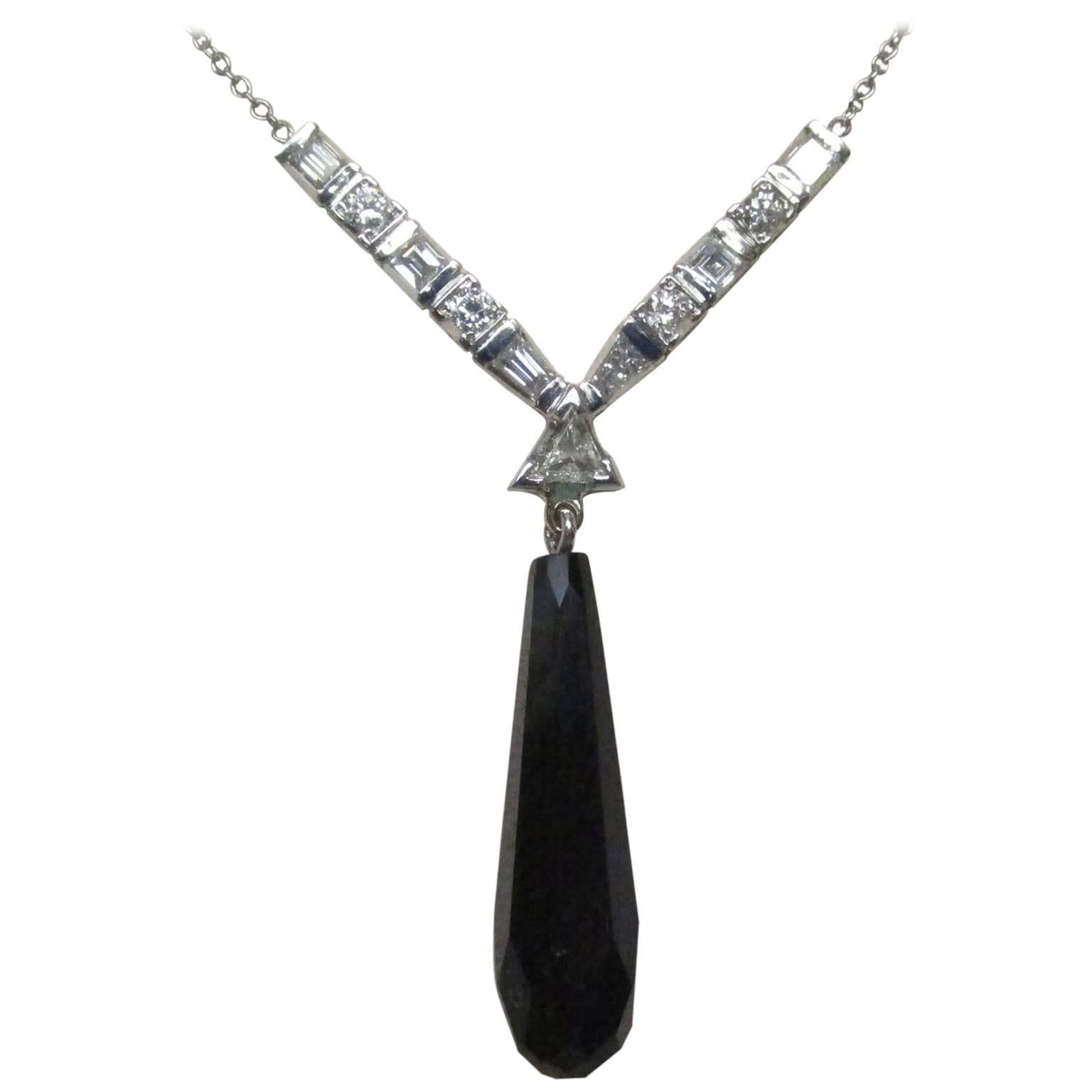 Art Deco Platinum Diamond Black Onyx Drop Necklace