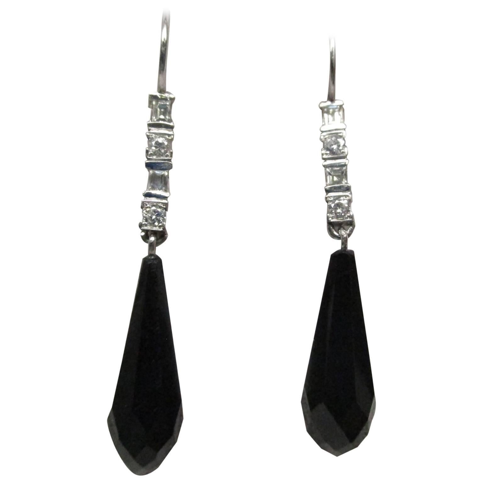 Art Deco Platinum Diamond Black Onyx Drop Earrings