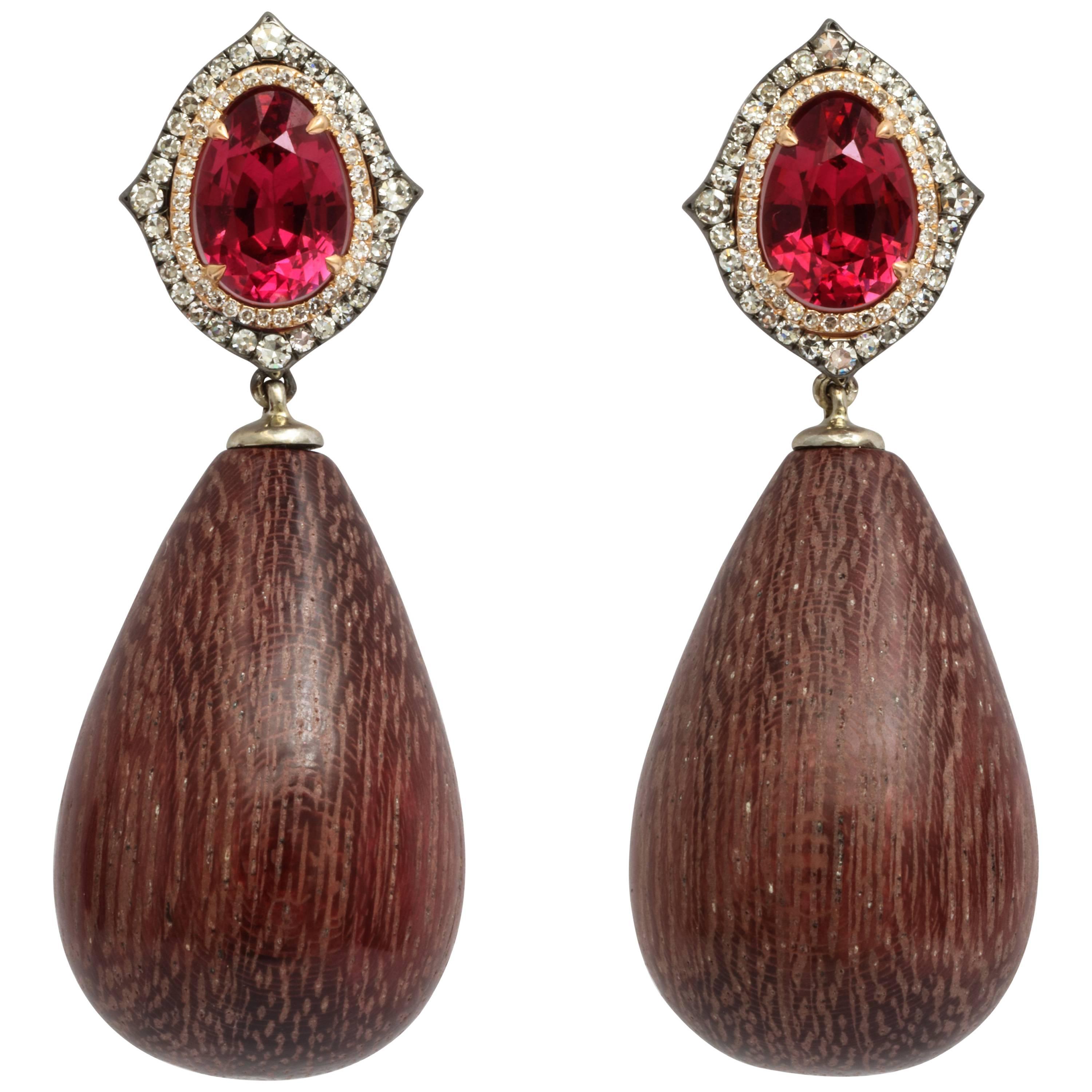 Donna Vock Rhodolite, Diamond and Amaranth Wood Drop Earrings