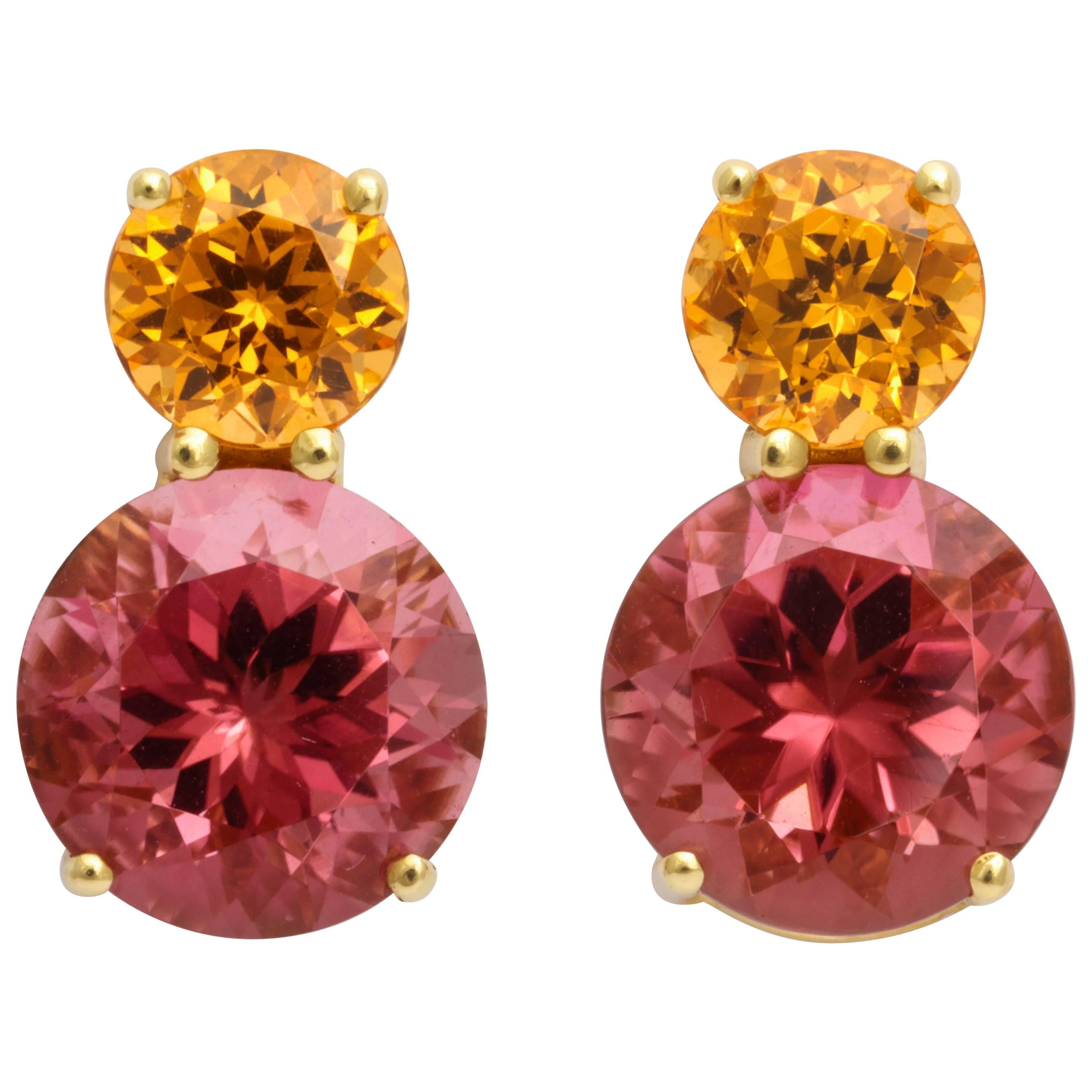 Donna Vock 18K Yellow Gold Mandarin Garnet and Pink Tourmaline Earrings For Sale