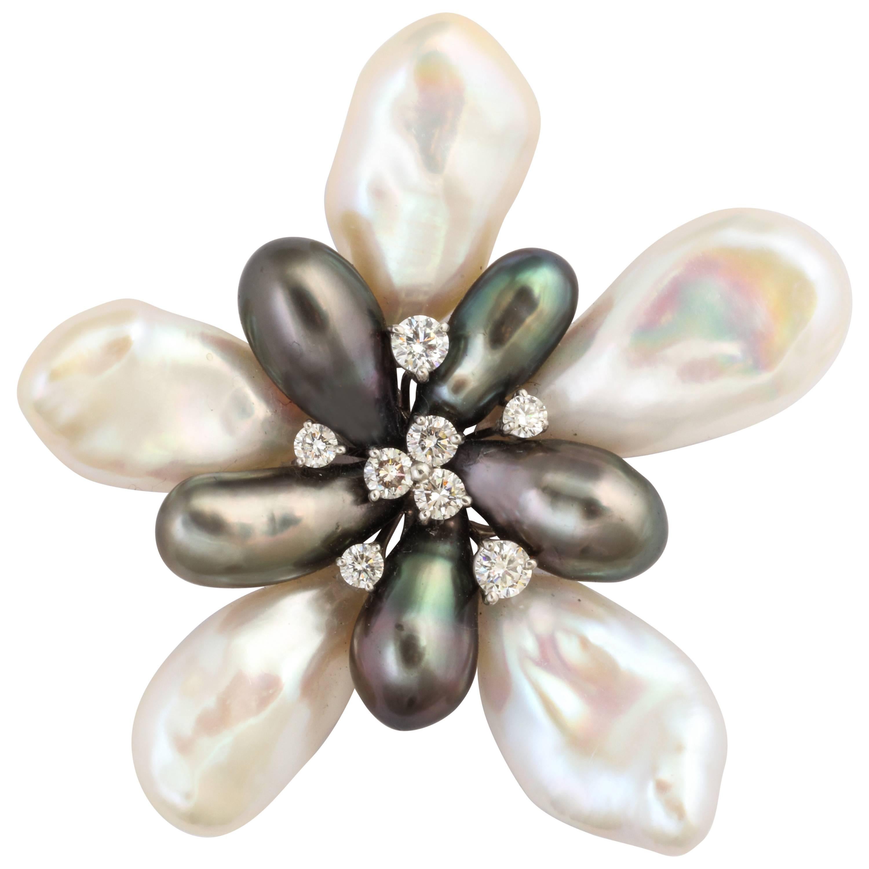 Donna Vock Natural Color Tahitian Keshi and Freshwater Pearl and Diamond Brooch